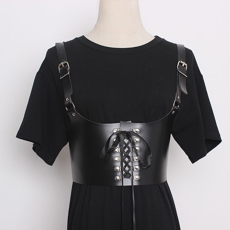 Dames leren harnas vest riem vrouwelijke zwarte strik schouderband_voghion.com