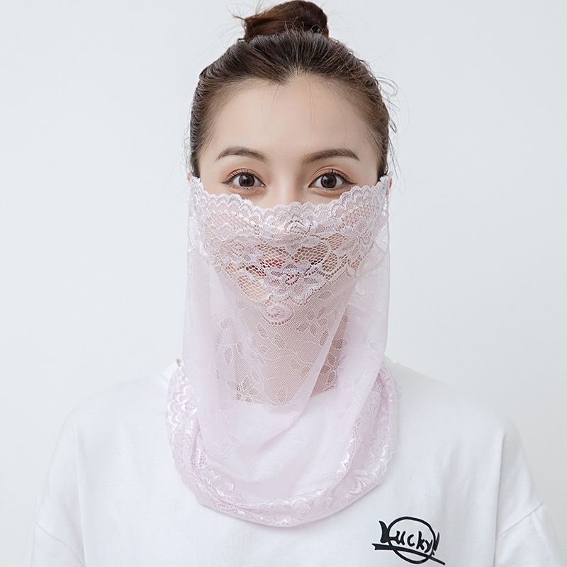 Velo de protección solar de encaje, fino, transpirable, integrado, para mujer, cuello, mascarilla facial completa de verano_voghion.com