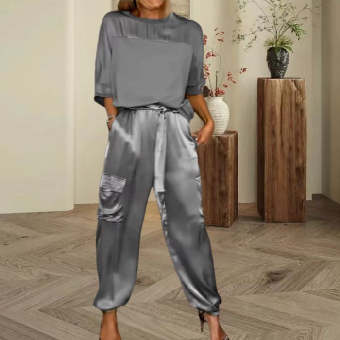 Top a maniche corte in raso da donna alla moda e abito a due pezzi con tasca per pantaloni_voghion.com