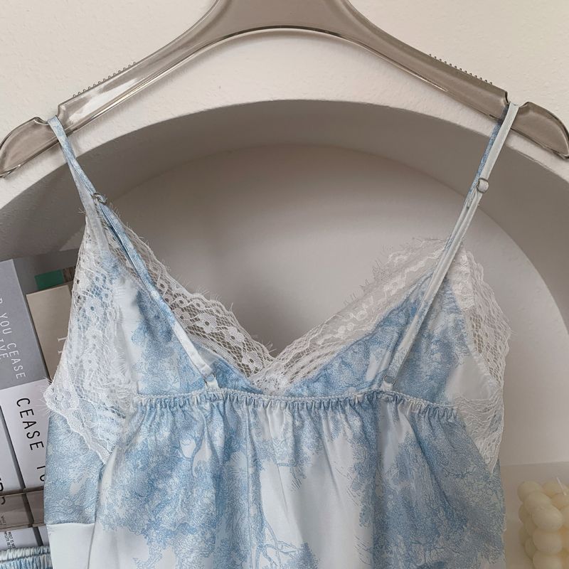 Elegant Lace Pajama Set With Built-in Bra - Summer Ice Silk Sleepwear For Women, V-Neck & Shorts, Comfortable Homewear In Blue/Green/Pink_voghion.com