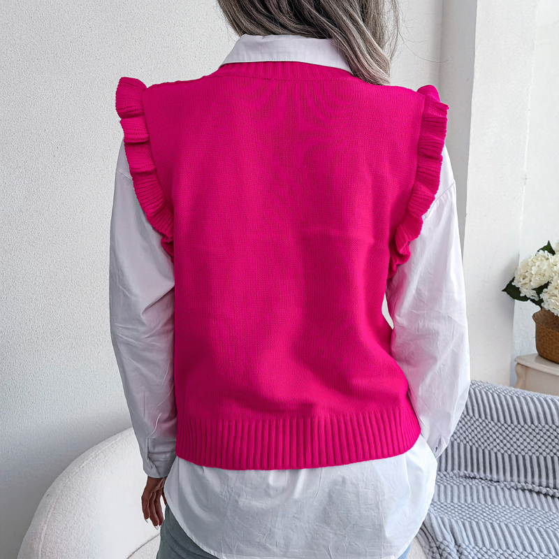 2025 Herbst Winter Rüschen Rand Diamant Gestrickte Weste Pullover Damenmode_voghion.com