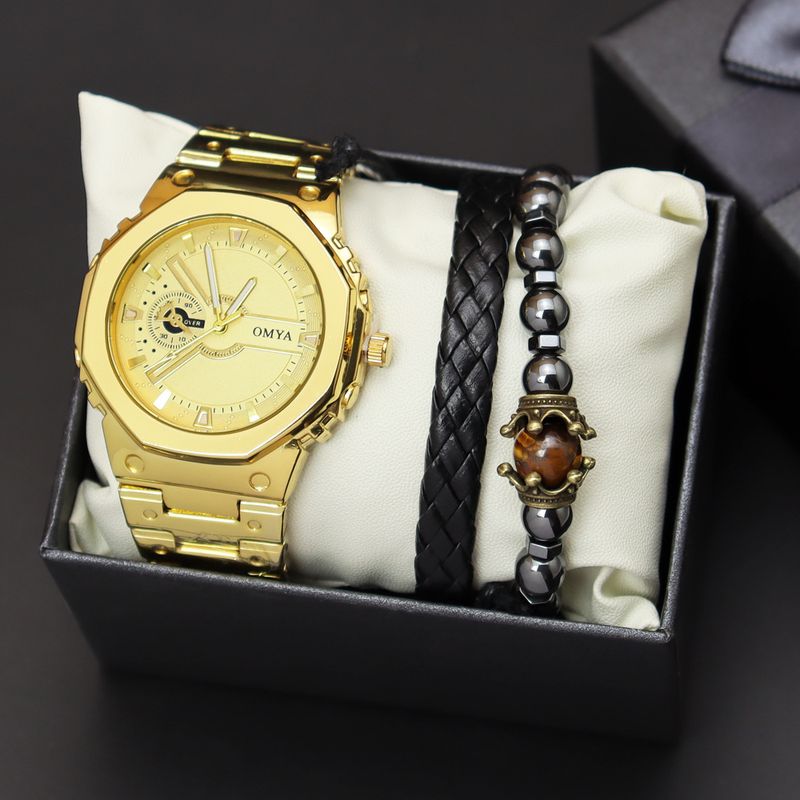 Geschenkbox Uhrenset Herren Quarz Wasserdicht Kalender Uhr Armband Stahlband_voghion.com