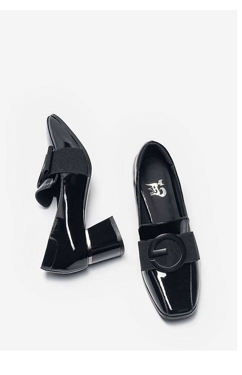 Women's spring and autumn new style British style patent leather square toe thick heel single shoes one-step round buckle high heels_voghion.com