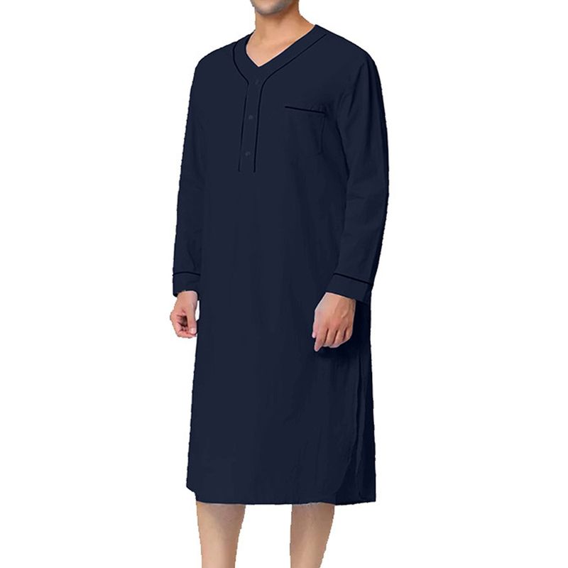 2025 Frühling Muslimischen Mittellangen Lose Feste Pyjamas männer Homewear Nachtwäsche Farbe Block_voghion.com