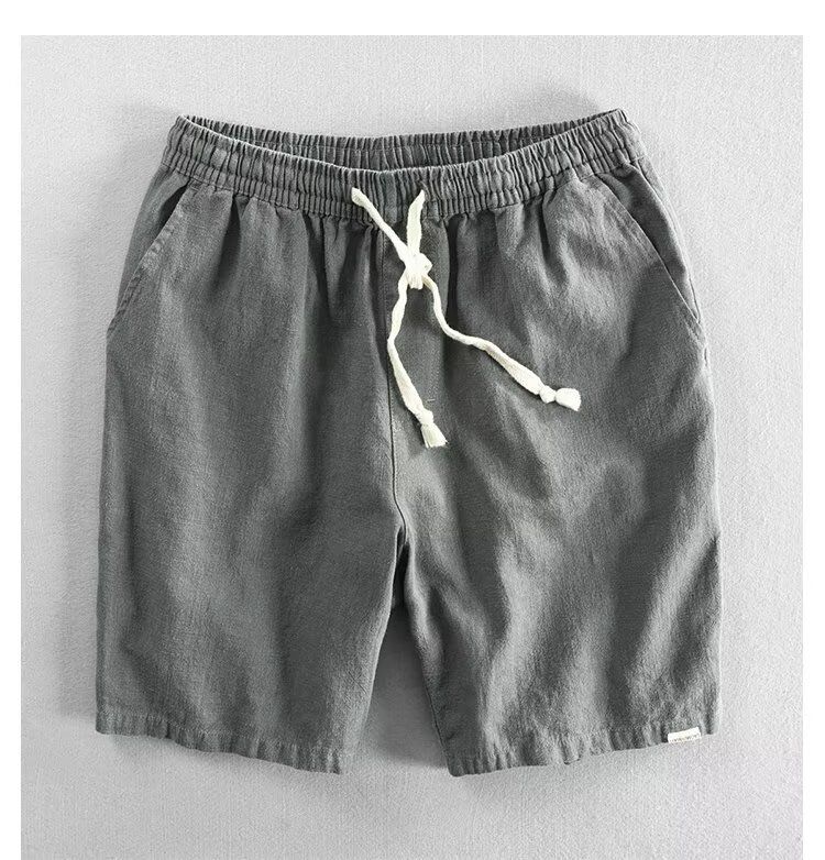 Pantalones cortos de lino y algodón para hombre, de color liso, sencillos, elásticos, con cordón, para playa, holgados, de cinco puntos_voghion.com