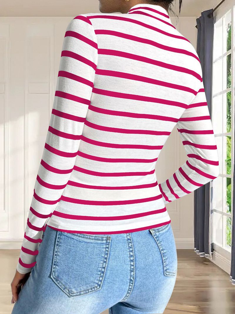 Maglietta a maniche corte in cotone a righe estive 2025 con collo alto, temperamento da pendolare, con cappuccio, da donna, lavorata a maglia_voghion.com