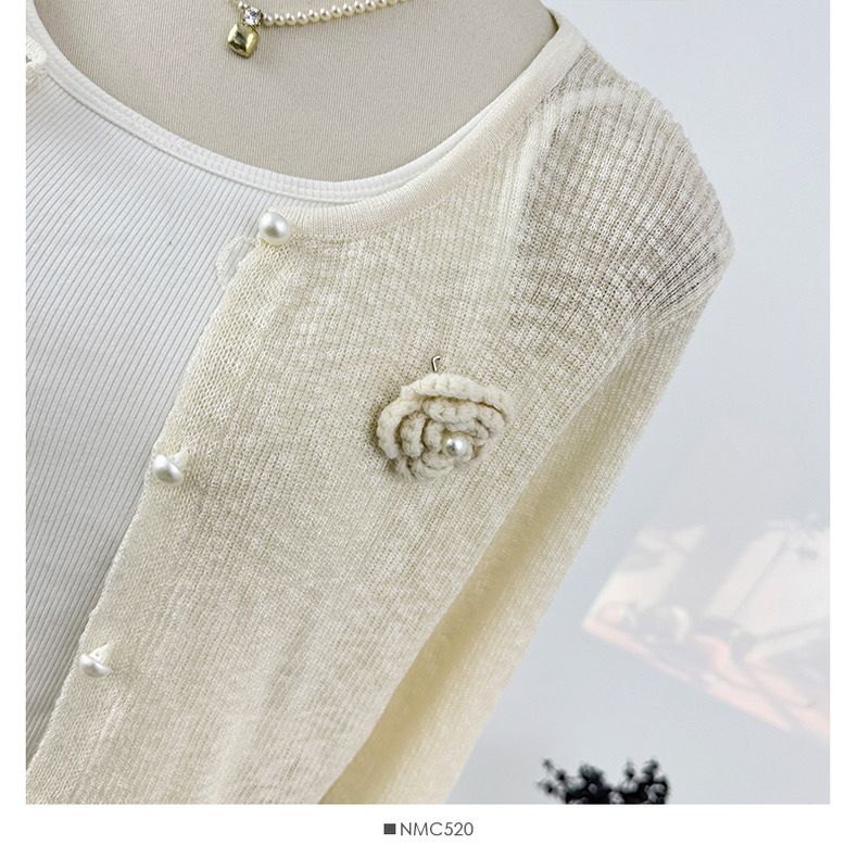 Damenbekleidung Dünnes Rundhals-Spleißen Blumen-Kurzes Langarm-Strick-Sonnenschutzhemd Sommer-Neues Slim Fit-Kleines Cardigan-Oberteil_voghion.com