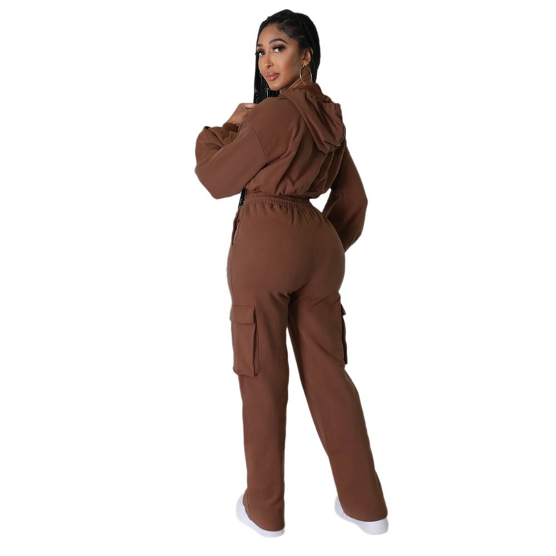 Completo da donna, completo di pantaloni dritti cargo tinta unita con cappuccio, casual, autunno e inverno, in due pezzi_voghion.com