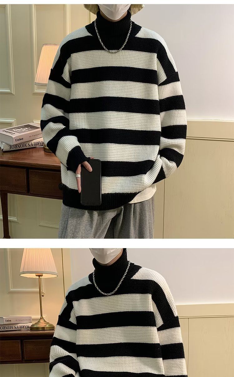 Maglione a collo alto a righe bianche e nere per uomo, stile retrò giapponese, pigro e di alta qualità. Maglione lavorato a maglia con inserti a contrasto_voghion.com