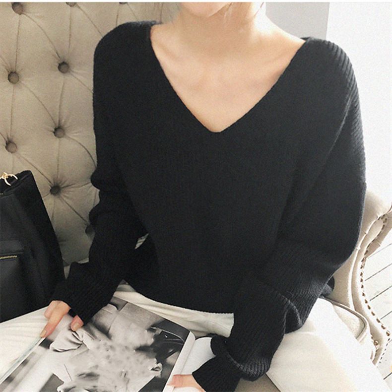 Damenbekleidung 2024 Herbst und Winter V-Ausschnitt Langarm lockerer Lazy-Style Pullover mit einfachem Saum Strickpullover Pullover mit Bodenbildung Damentrend_voghion.com