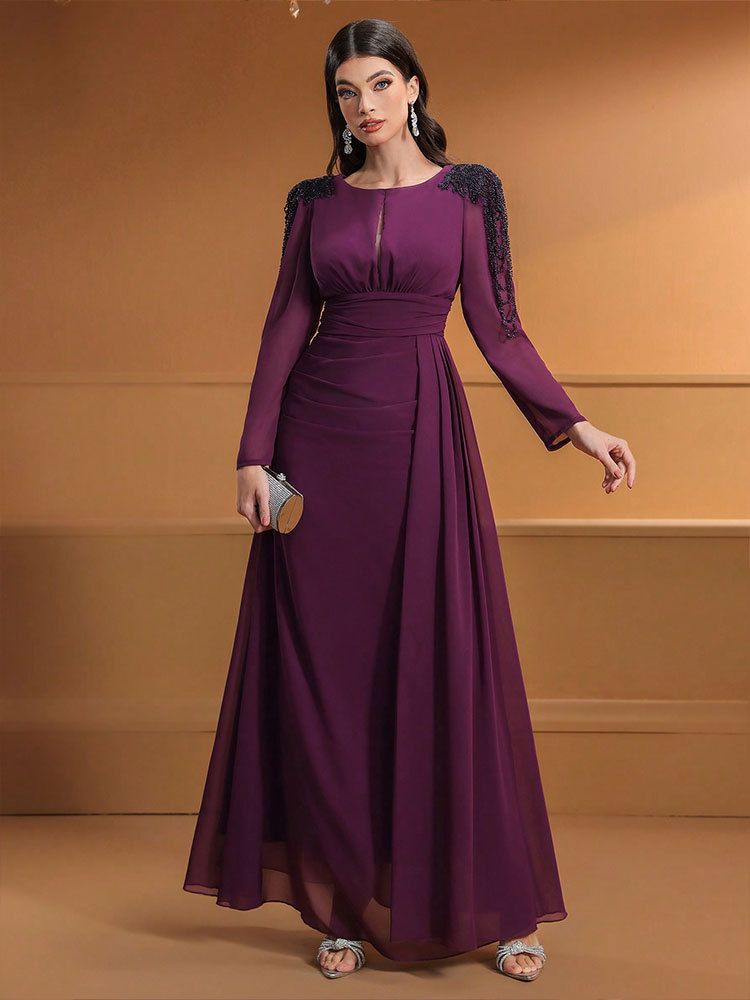 Women's Elegant Floral Embroidered Chiffon Maxi Dress With Lantern Sleeves – High Waist A-Line Party Gown For Evening, Wedding & Office (Purple)_voghion.com