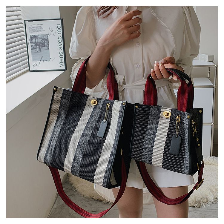 Borsa tote da donna, borsa tote a mano alla moda a righe da donna, borsa a tracolla monospalla in tela color-block di grande capacità_voghion.com
