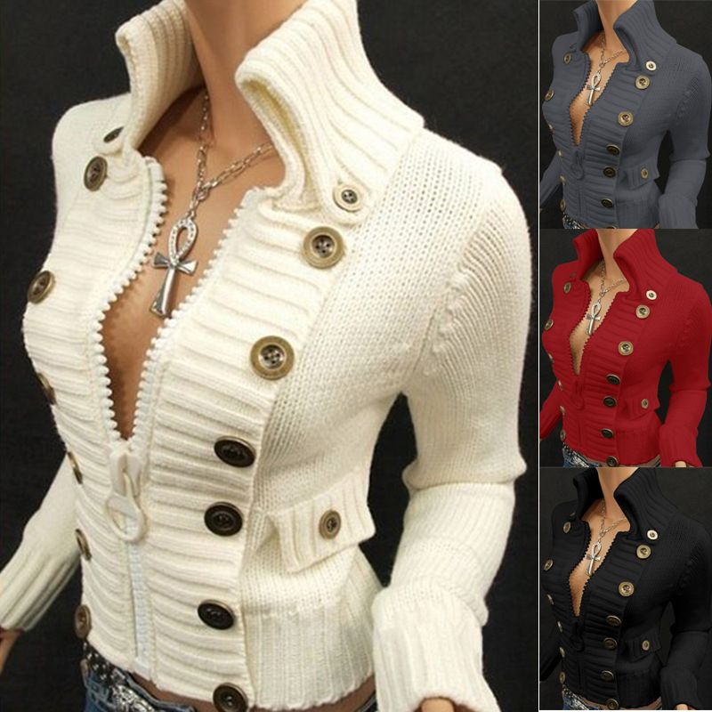 Women's Fashion Stand Collar Zipper Slim Sweater Women's Solid Color Button Up Top_voghion.com