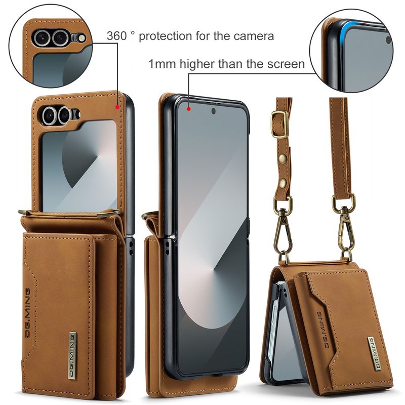 Custodia pieghevole M2 per Samsung Z Flip6 Custodia per telefono con portafoglio per carte Custodia protettiva in pelle con tracolla Z Flip6_voghion.com