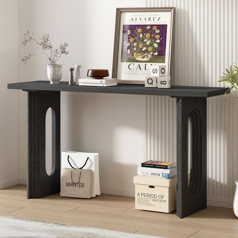 Uniquely Designed Console Table Made Of Fraxinus Mandschuric Solid Wood Veneer,with Distinctive Round Hollow Legs, Suitable For Foyer, Living Room, Or Hallway._voghion.com