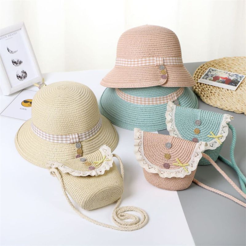 Kinder mädchen neue stroh hut tasche set, sonnenhut, sommer prinzessin knopf zubehör, strand sandalen_voghion.com
