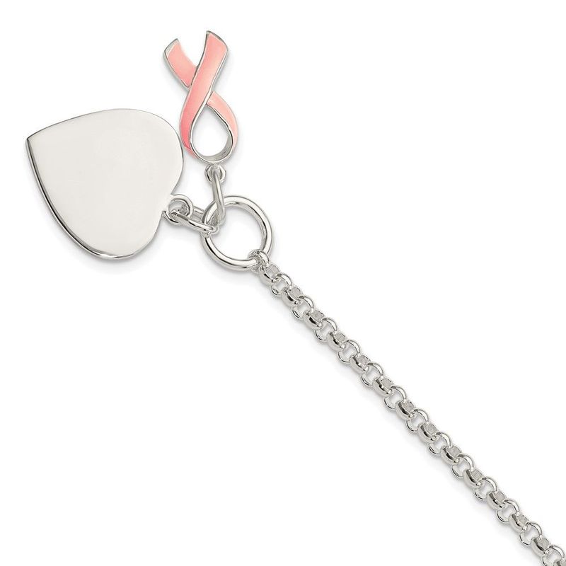 Sterling Silver Fancy Engraveable Heart With Pink Ribbon Bracelet_voghion.com