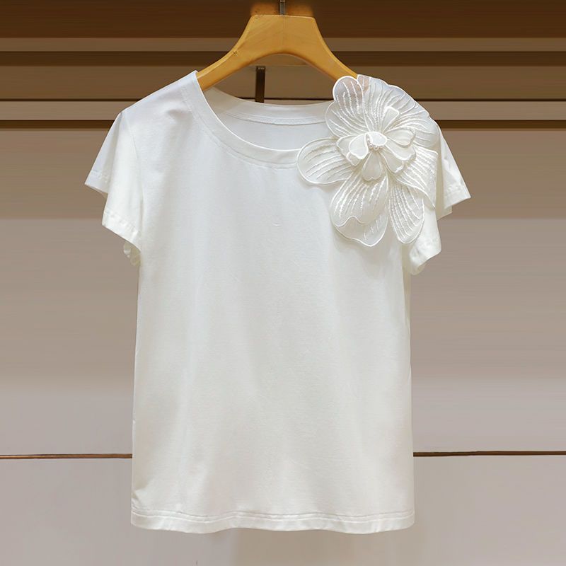 Dammekleeder klassesch Ronnhals dräidimensional Blummendekoratioun modesch Lotusblattärm locker Slim Fit Top_voghion.com