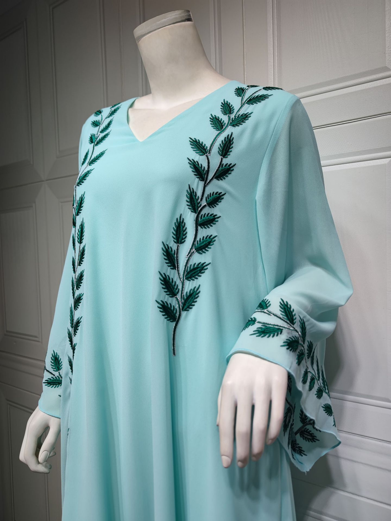 Damenmode Street Chiffon langes muslimisches besticktes rosafarbenes Rundhalskleid mit Hijab_voghion.com