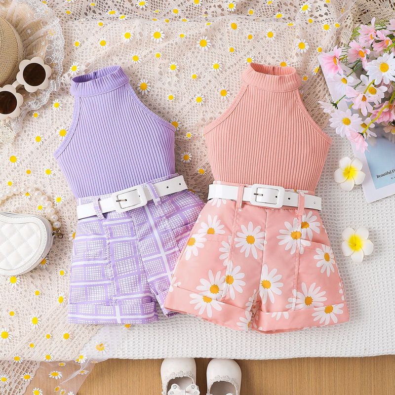 Kannerkleeder Nei Summer Meedercher Kostümer Kleng a Mëttel Kanner Einfarweg Halter Neck Top + Bedruckte Shorts + Rimm_voghion.com