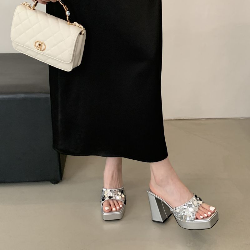 2025 Summer High Heel Slippers, Outdoor Sequins Thick Heel Waterproof Platform Square Open Toe Sandals_voghion.com