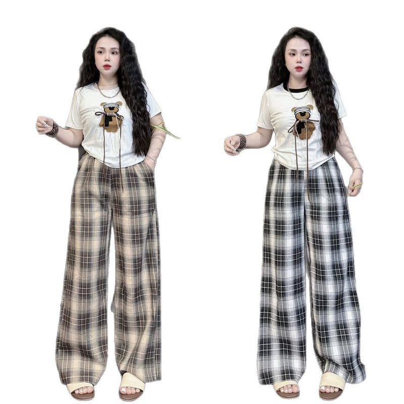 Completo casual da donna in due pezzi con stampa leopardata, manica corta, pantaloni larghi e taglie forti_voghion.com