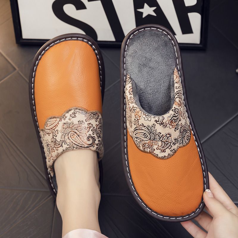 MTX Echtleder mit Rindssehnensohle für den Heimgebrauch, Damen-Hausschuhe für drinnen, warm, rutschfest, wasserdicht, aus besticktem Rindsleder und Baumwolle_voghion.com