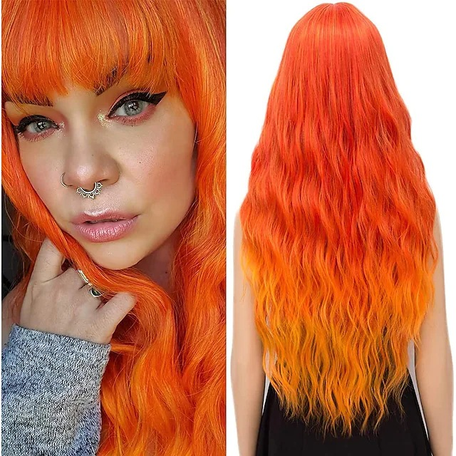 Synthetic wig New Women's Small Water Wave Pattern Wool Long Curled Hair Straight bangs Multi color Chemical Fiber Head Cover_voghion.com