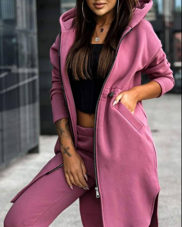Zweiteiliges Set mit modischem, lässigem Kapuzen-Fleece-Hoodie-Mantel für Damen_voghion.com
