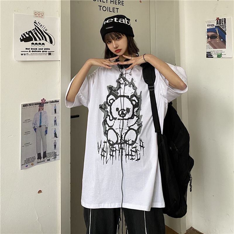 Men's Clothing summer new fashion brand pure cotton bear cartoon print men's Korean loose short sleeved T shirt men's couple wear_voghion.com