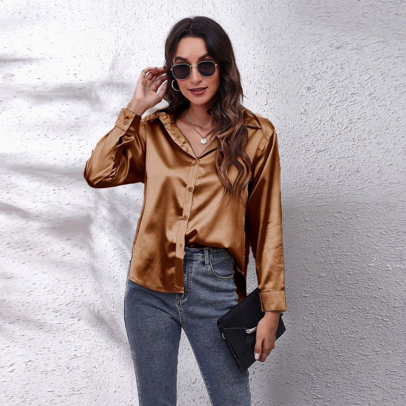 Women's clothing color D shirt satin silk imitation long sleeve shirt_voghion.com
