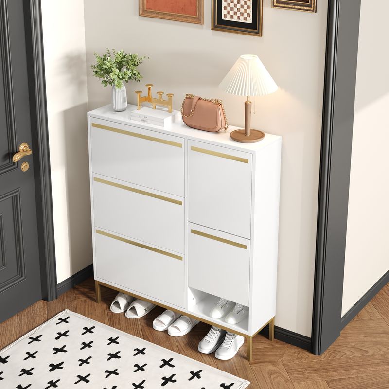 Schuhschrank Mit Hocker, Klappbarem Regal, Glänzender Oberfläche_voghion.com