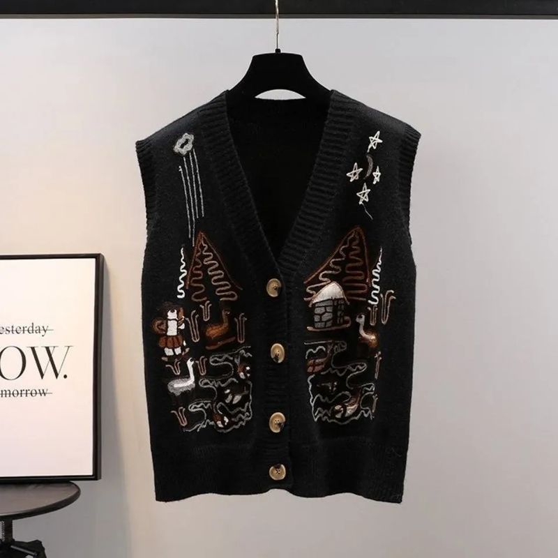 2024 Autumn V-Neck Knitted Sweater Cardigan Outerwear New Loose Thickened Wool Vest_voghion.com