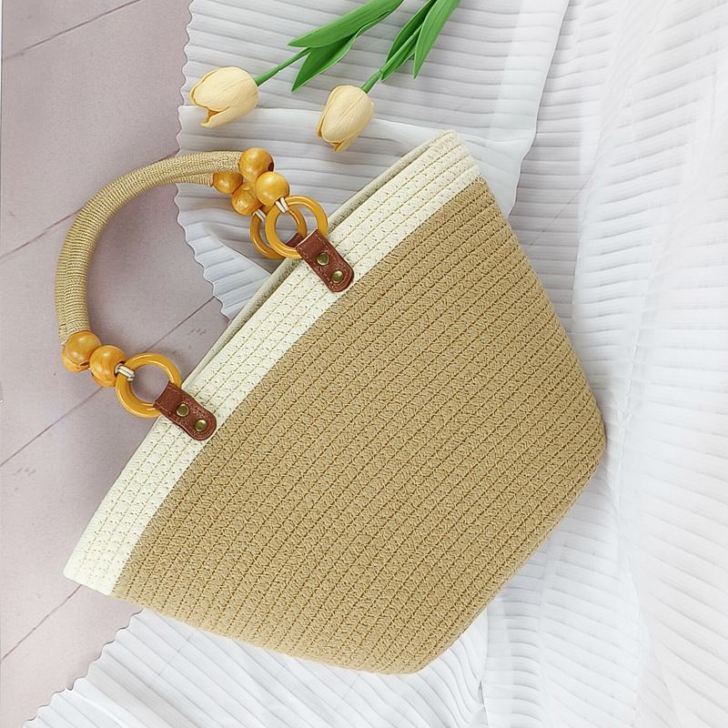 Nischendesign Baumwollfaden Mode gewebte Handtasche Schulter große Kapazität Patchwork Strandurlaub Damentasche_voghion.com
