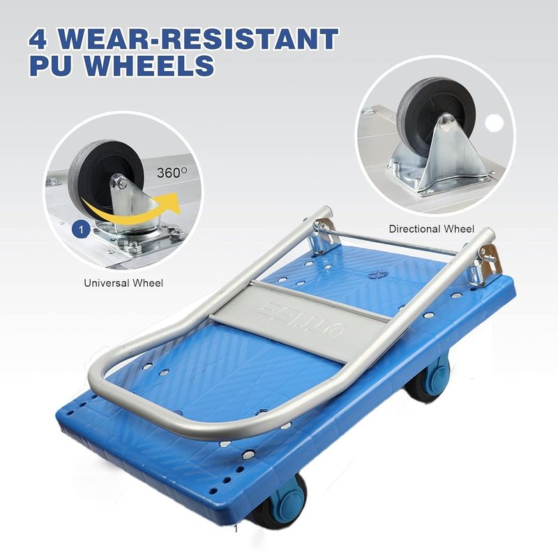 1pc Heavy Duty Metal Hand Truck With Ultra Silent Rubber Wheels, Foldable Flatbed Trolley Cart For Warehouse, Grocery, And Office Use_voghion.com