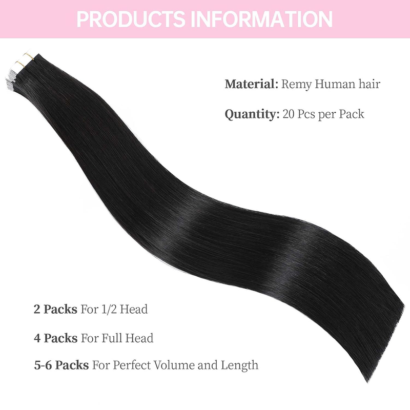 Glattes, natürliches Echthaar, selbstklebende Tape-In-Extensions, unsichtbar, 100 % Echthaar, Tape-In-Haarverlängerungen, Farbe Nr. 1_voghion.com