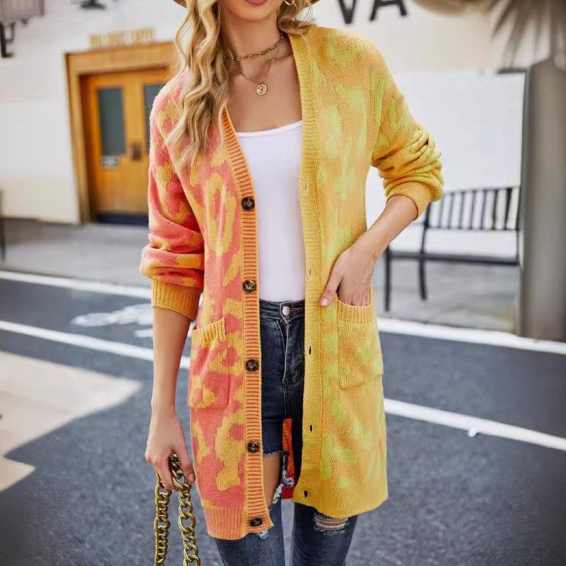 Women's Leopard Print Blend Knit Cardigan Longline Coat - Stylish & Comfortable Open Front Sweater For Fall & Winter_voghion.com