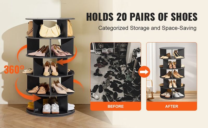 VEVOR 5 Tiers Rotating Shoe Rack Tower, 360°Spinning Shoe Display, Revolving Shoe Rack Storage Round Carousel, Lazy Susan Shoe Rack Organizer, Ideal For Bedroom, Living Room, Entryway, Black_voghion.com