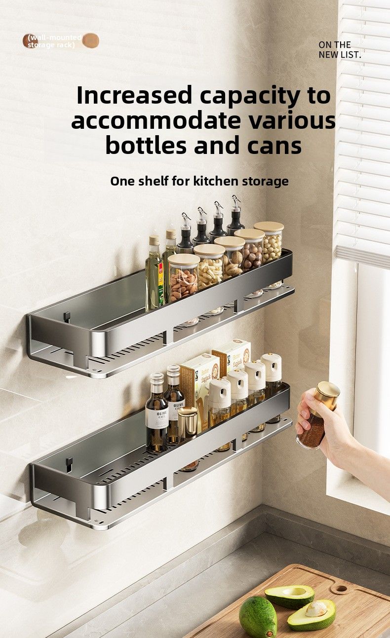 Kitchen Storage Multi-Functional No-Drill Seasoning Rack Wall-Mounted Spice Jar Organizer Shelf_voghion.com