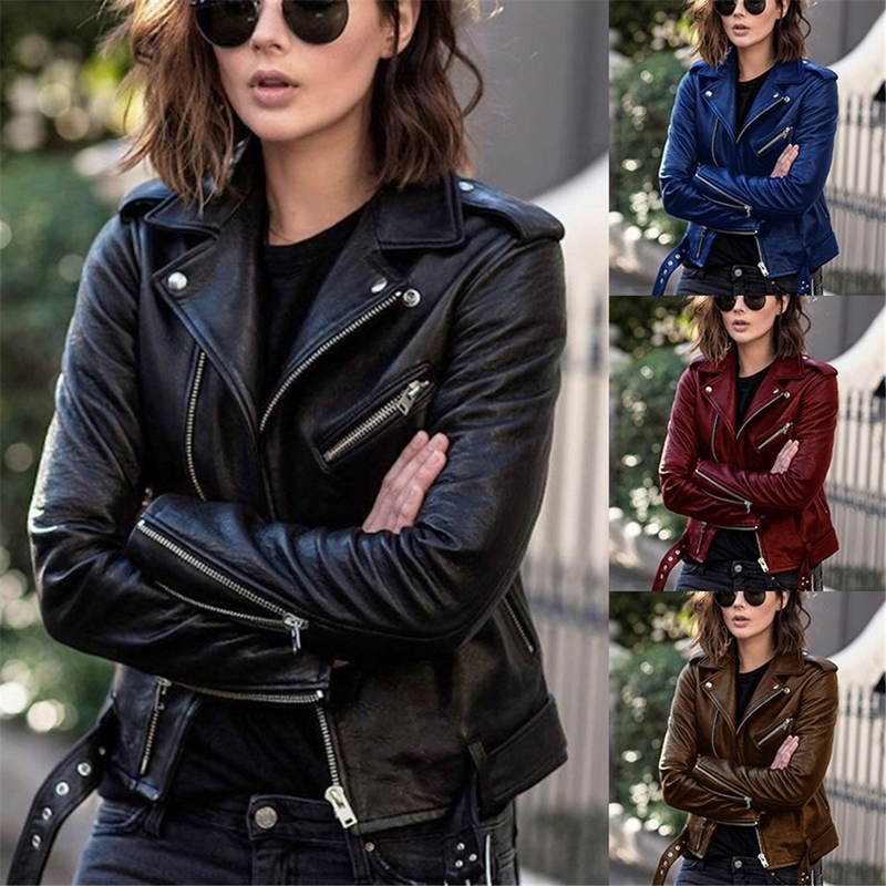 S 5XL Ny Höst Vår Kvinnor Kort Faux PU Jacka Smal Mode Punk Ytterkläder Motorcykel Läder Jacka Casual Coat_voghion.com