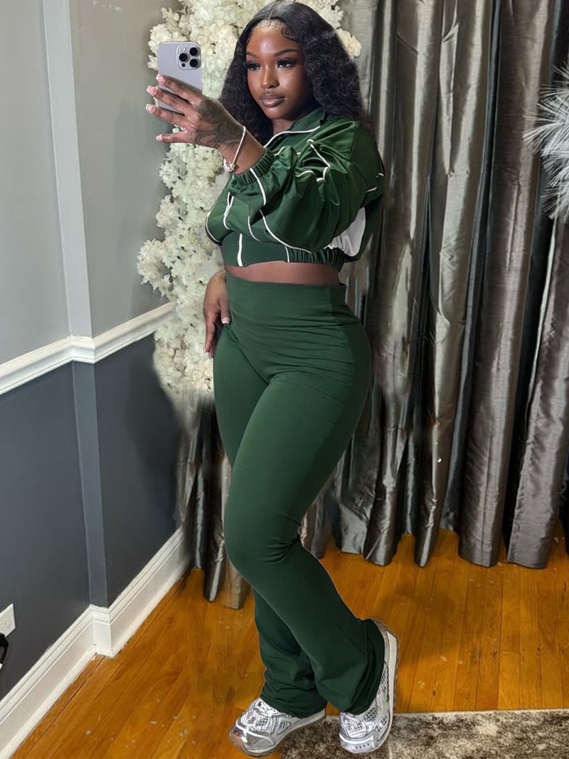 Women's Stylish Two-Tone Contrast Stitching Zip-Front Flared Pants Set – Trendy Office & Casual Outfit_voghion.com
