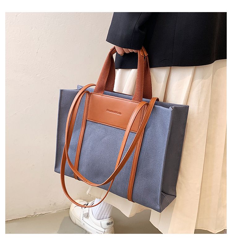 Borse tote da donna, semplici borse tote da donna con colori di tela a contrasto e tracolla singola di grande capacità._voghion.com