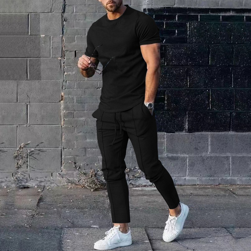 Men's Solid Color Casual Round Neck Short Sleeve Sports T Two-piece Suit_voghion.com