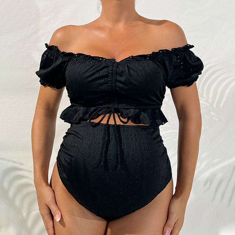 Damenbekleidung Lockerer, bauchbedeckender, geteilter Badeanzug, einfarbig, schulterfrei, kurzärmelig, Tube-Top, zweiteiliger Bikini_voghion.com