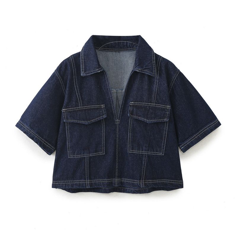 Women's Clothing Lapel Short Sleeved Shirt + Skirt Pants Denim Suit_voghion.com