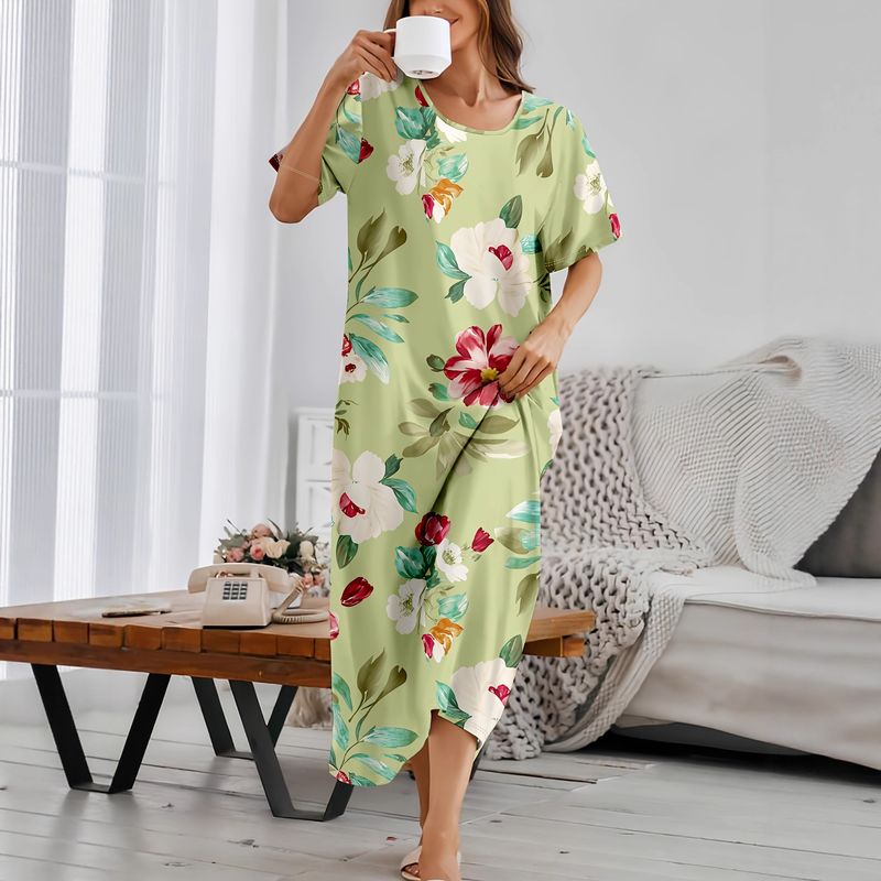 Nightgown Women's Summer Thin Short Sleeved Flower Print Pajamas Internet Celebrity Live Broadcast Can Be Worn Outside Cross Border Home Clothes_voghion.com