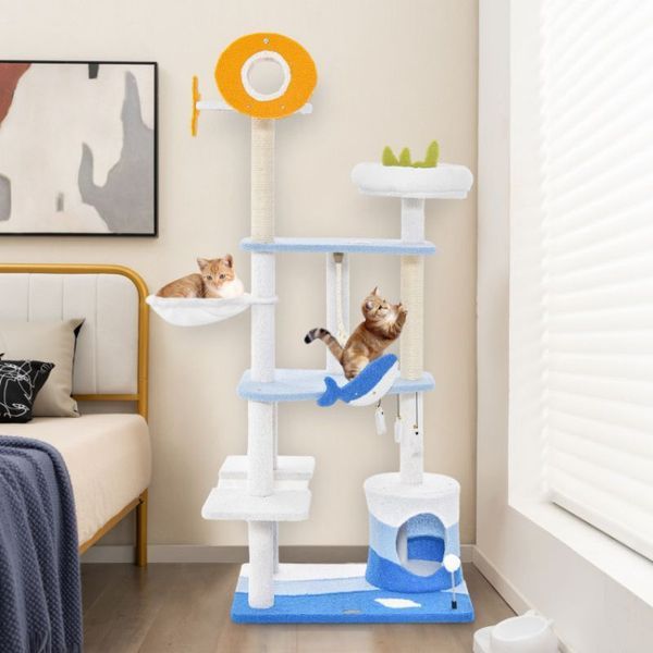 Multi-level Ocean-themed Cat Tree Tower With Sisal Covered Scratching Posts_voghion.com