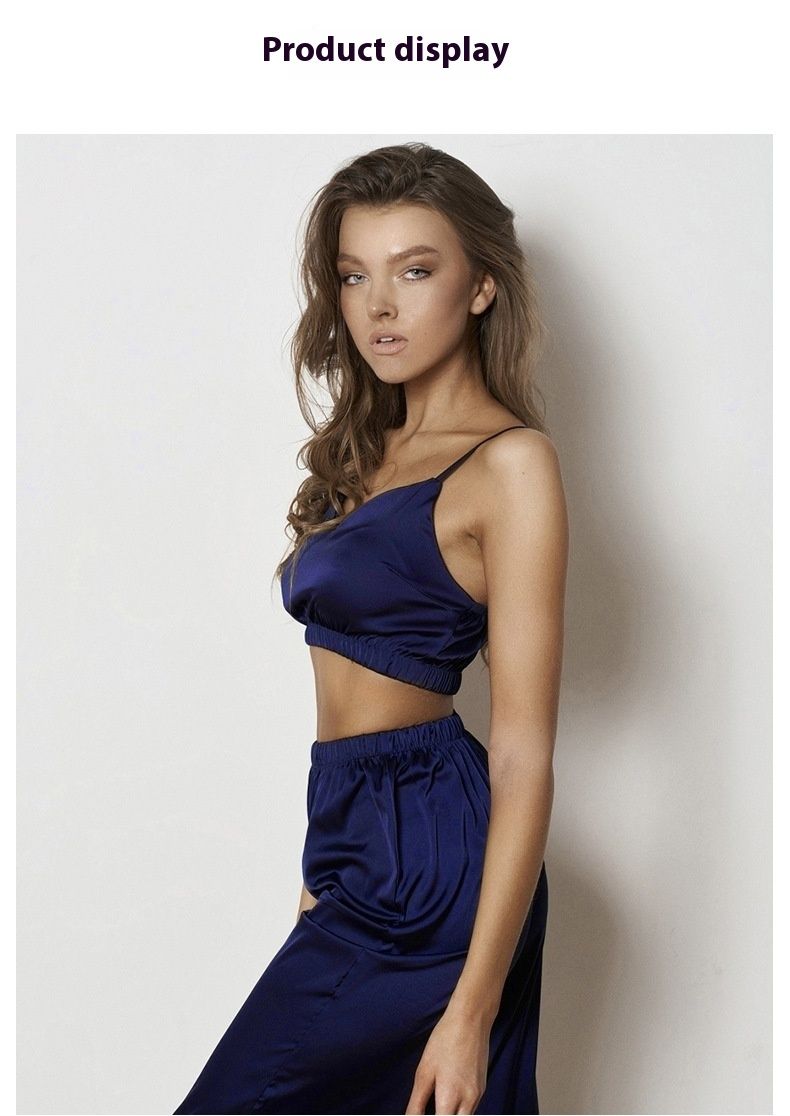 Pidžamas divdaļīgs krāsu saskaņošanas satīna elastīgo bikšu komplekts, legingi, stilīgs sieviešu mājas apģērbs_voghion.com