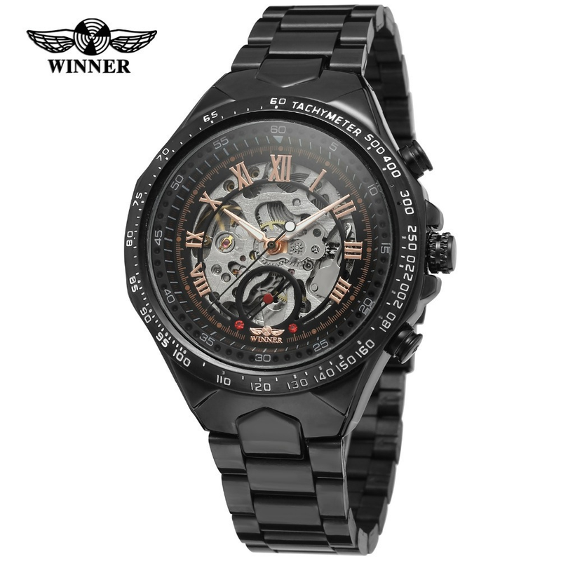 Men's Premium Gold-Toned Skeleton Automatic Mechanical Watch With Stainless Steel Band - 44mm Round Dial, Mineral Glass, Fold-Over Clasp Mechanical_voghion.com