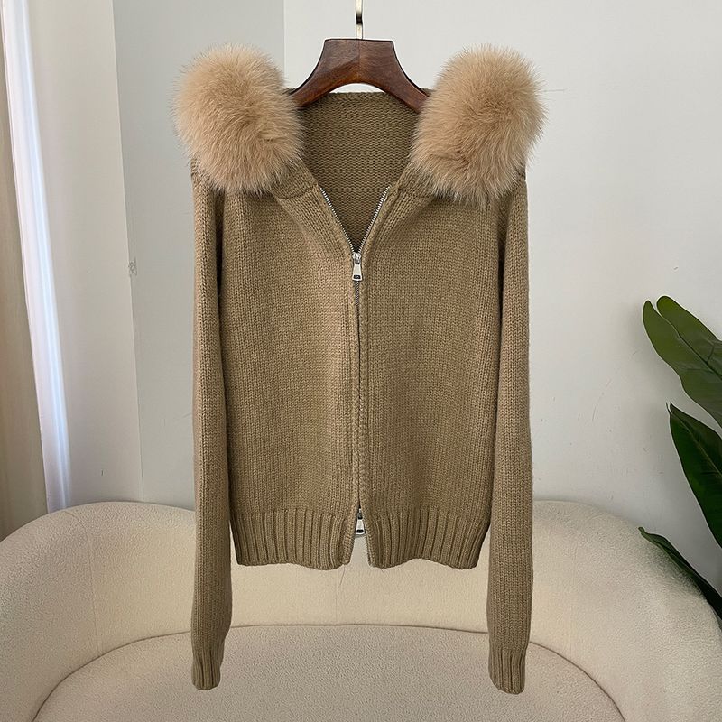 Cardigan oversize con cappuccio in maglia da donna - Morbido misto angora, cerniera frontale, maniche lunghe comode, abbigliamento casual da casa in stile coreano_voghion.com